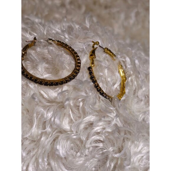 Gold Toned Hoop Earrings with Black Rhinestones - Picture 3 of 5